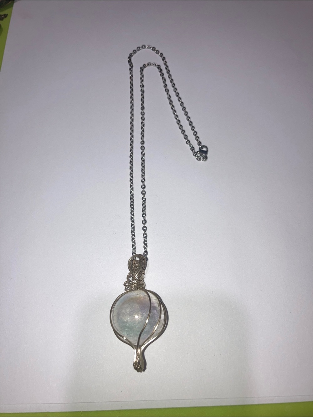 Silver Wire-Wrapped Iridescent Glass Orb Pendant Necklace - White